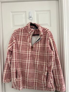 Katydid Pink White Plaid Sherpa Quarter-Zip Pullover Fleece Sweater Size M
